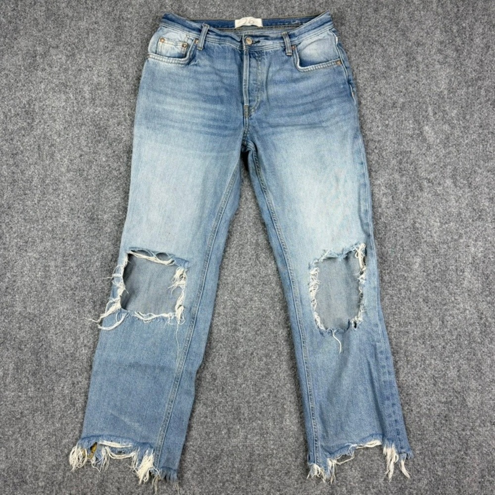 We The Free Jeans Womens 26 Blue Distressed Straight Leg High Rise Frayed Hem